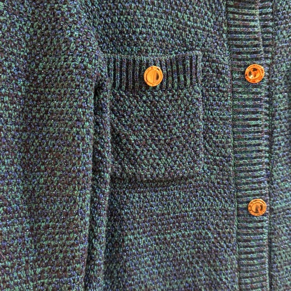 Marled Blue and Green Shiny Textured Knit Sweater Cardigan with Gold Accents - Picture 4 of 5